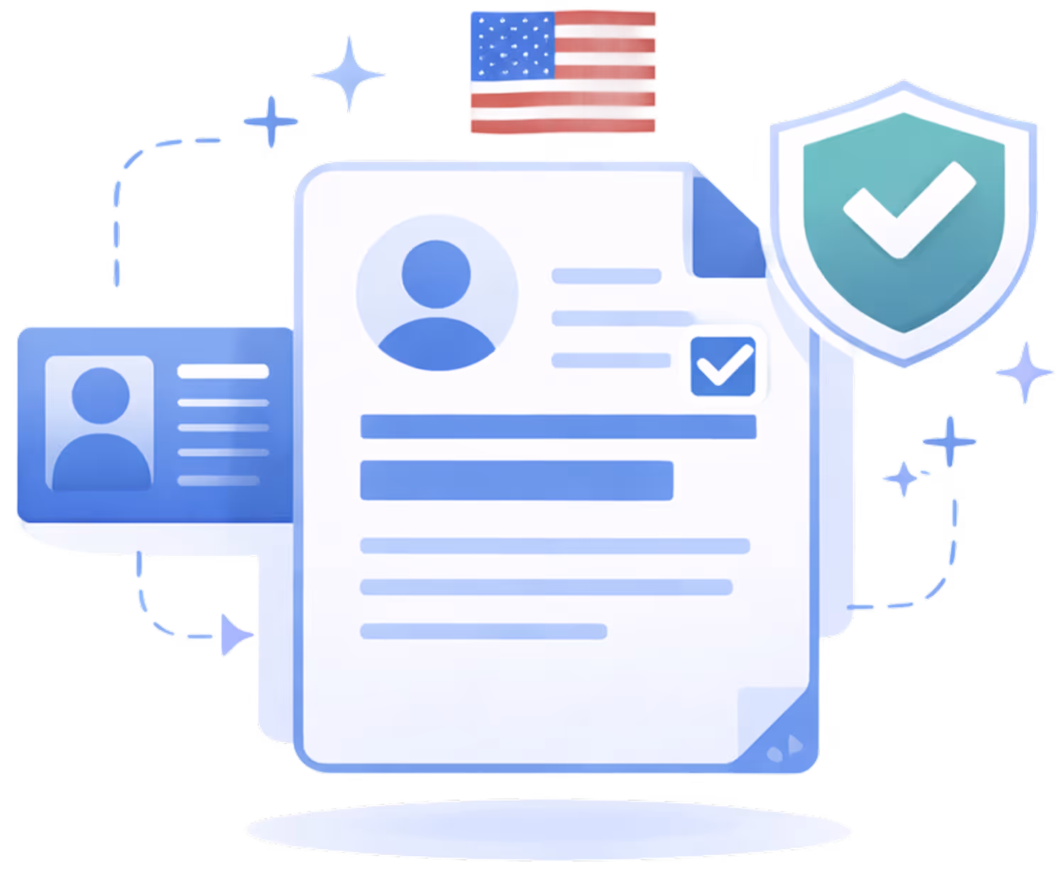 Illustration of a verified document with a profile icon, a checkmark shield, and the US flag symbolizing secure citizenship or status filings.