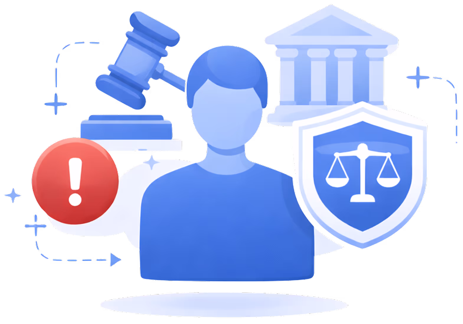 Illustration showing a person with legal symbols including a judge's gavel, a courthouse building, a red alert icon, and a shield with scales of justice.