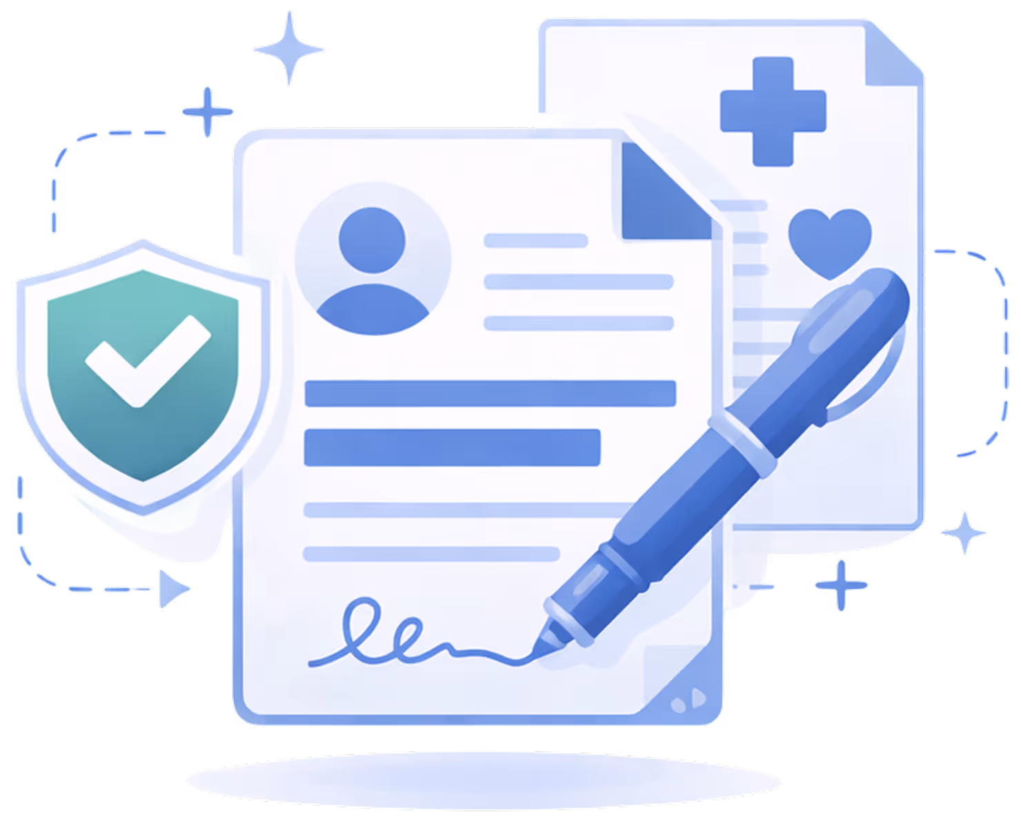 Digital illustration of documents with a pen signing one, a shield with a check mark, and medical symbols indicating secure medical form signing.