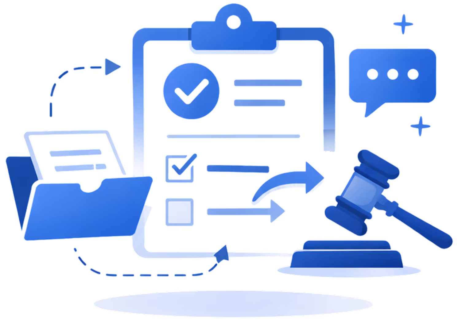 Illustration of legal case management with a blue clipboard checklist, folder with documents, speech bubble, arrows, and a judge's gavel.