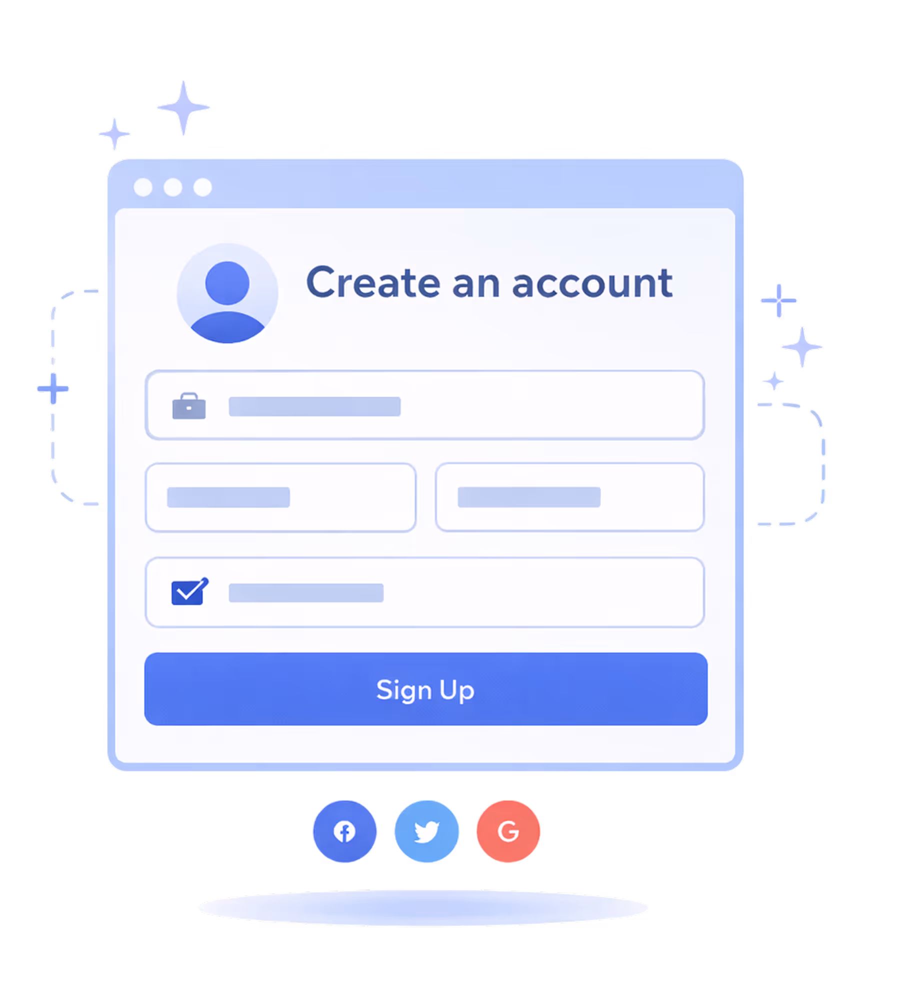 User interface of a sign-up form titled Create an account with fields for user information and a blue Sign Up button, plus social media login icons for Facebook, Twitter, and Google below.