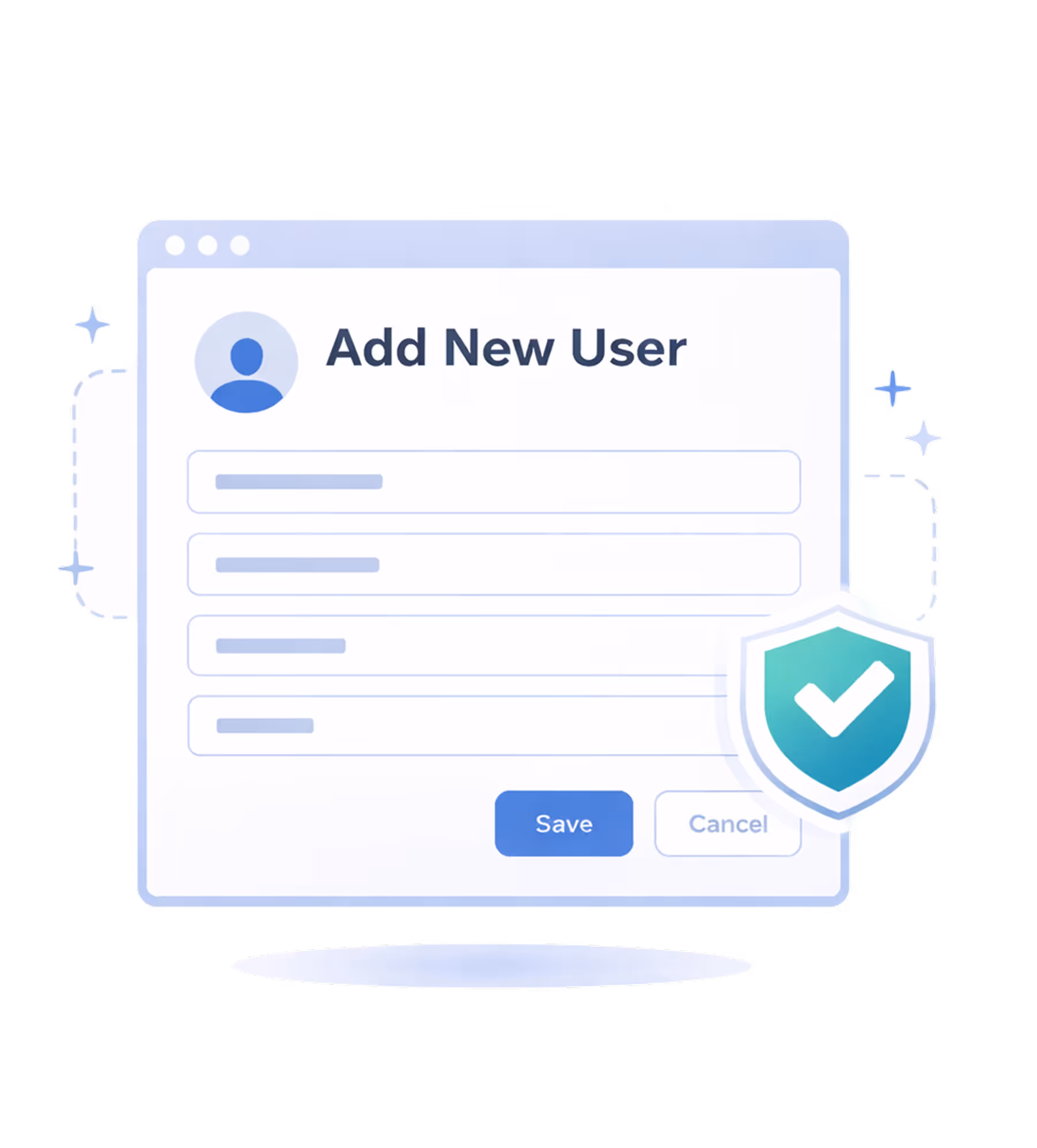 User interface form titled 'Add New User' with input fields, a Save button, Cancel option, and a shield icon with a check mark.