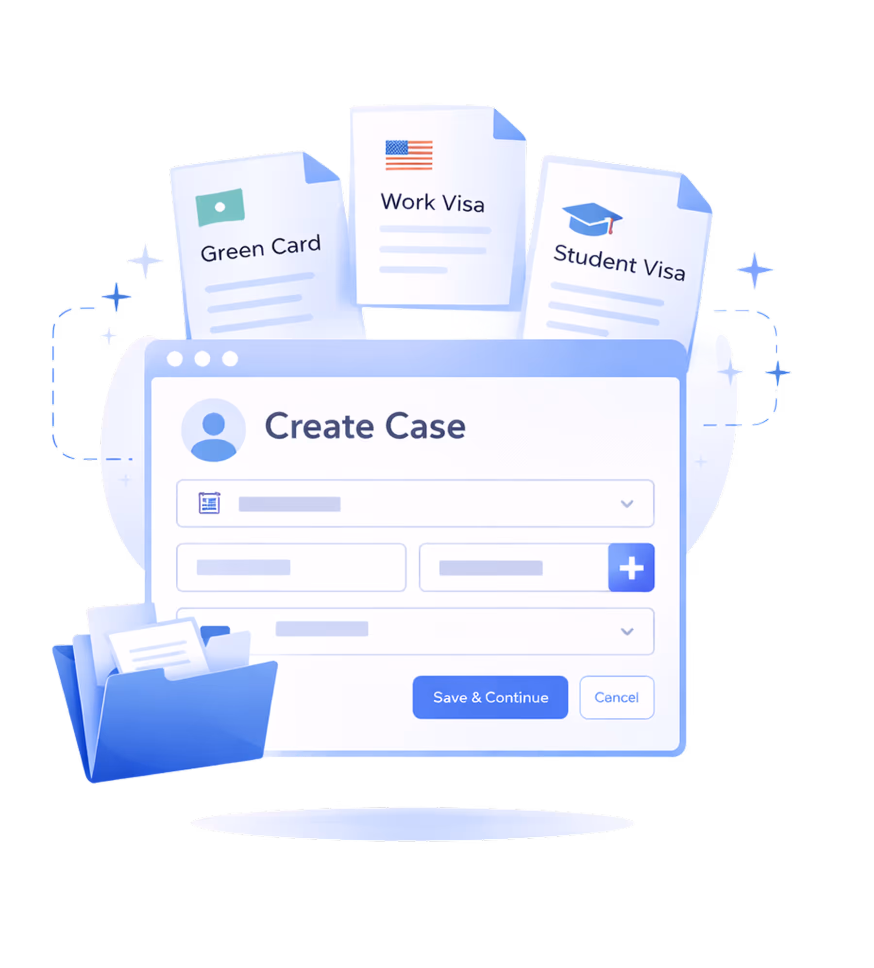 Digital interface showing a 'Create Case' form surrounded by icons for Green Card, Work Visa, and Student Visa documents.