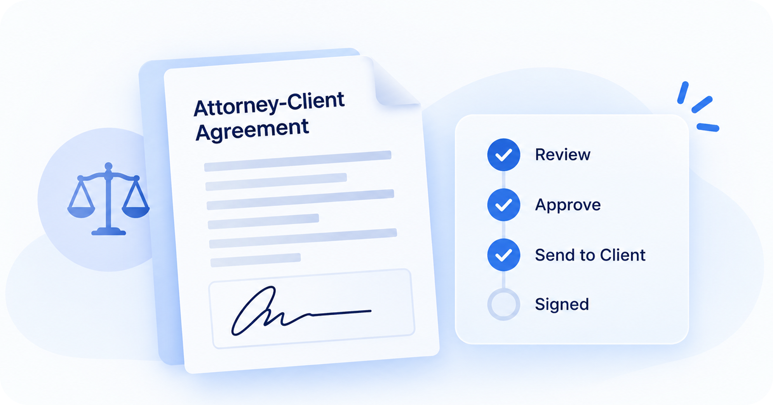 Illustration of an attorney-client agreement document with a signature at the bottom and a checklist on the right showing completed steps: Review, Approve, Send to Client, and an incomplete step Signed.