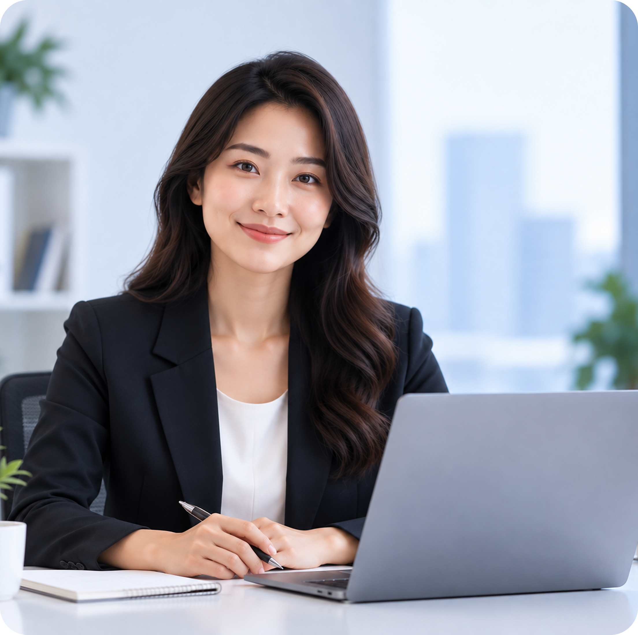 Smiling professional woman with long dark hair wearing a black blazer, sitting at a desk with a laptop, pen, and notebook, in a modern office with blurred cityscape windows.