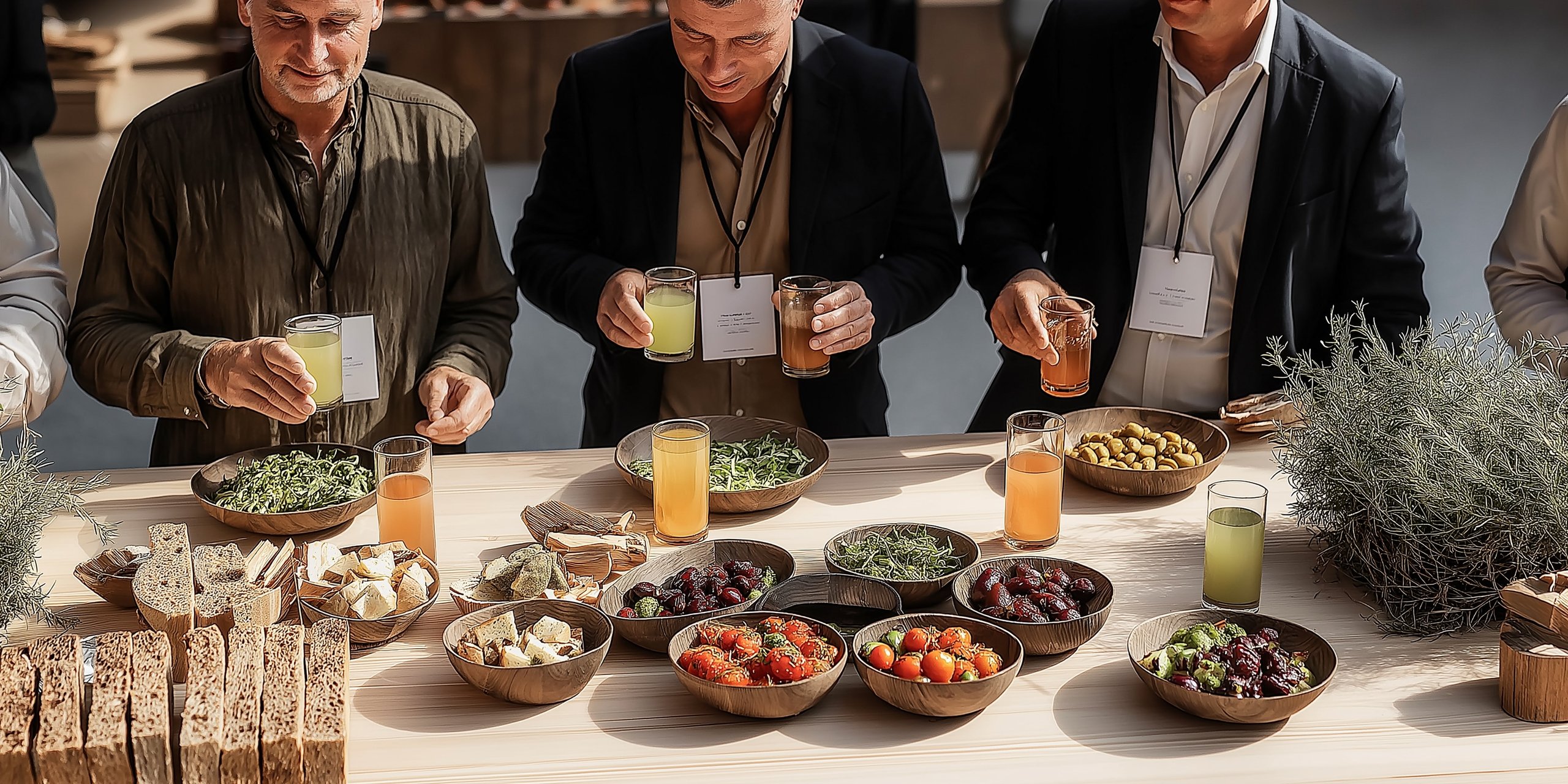 Gäster minglar vid ett cateringevent med matbord