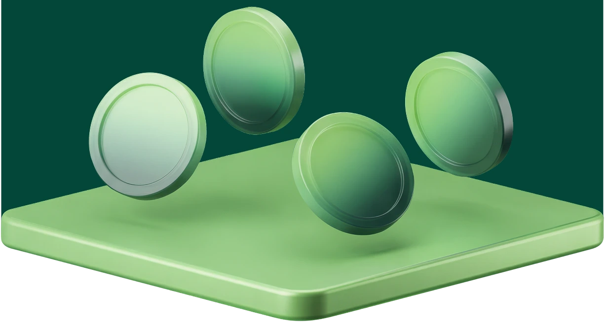 Four green gradient coins hovering above a tilted green square platform with rounded edges on a dark green background.