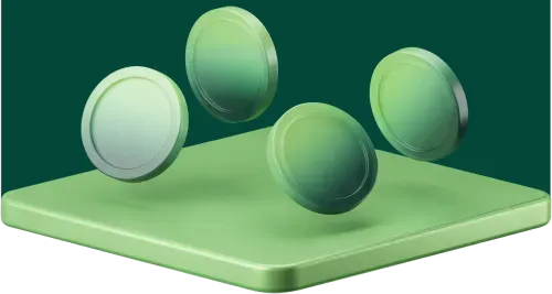 Four green gradient coins hovering above a tilted green square platform with rounded edges on a dark green background.