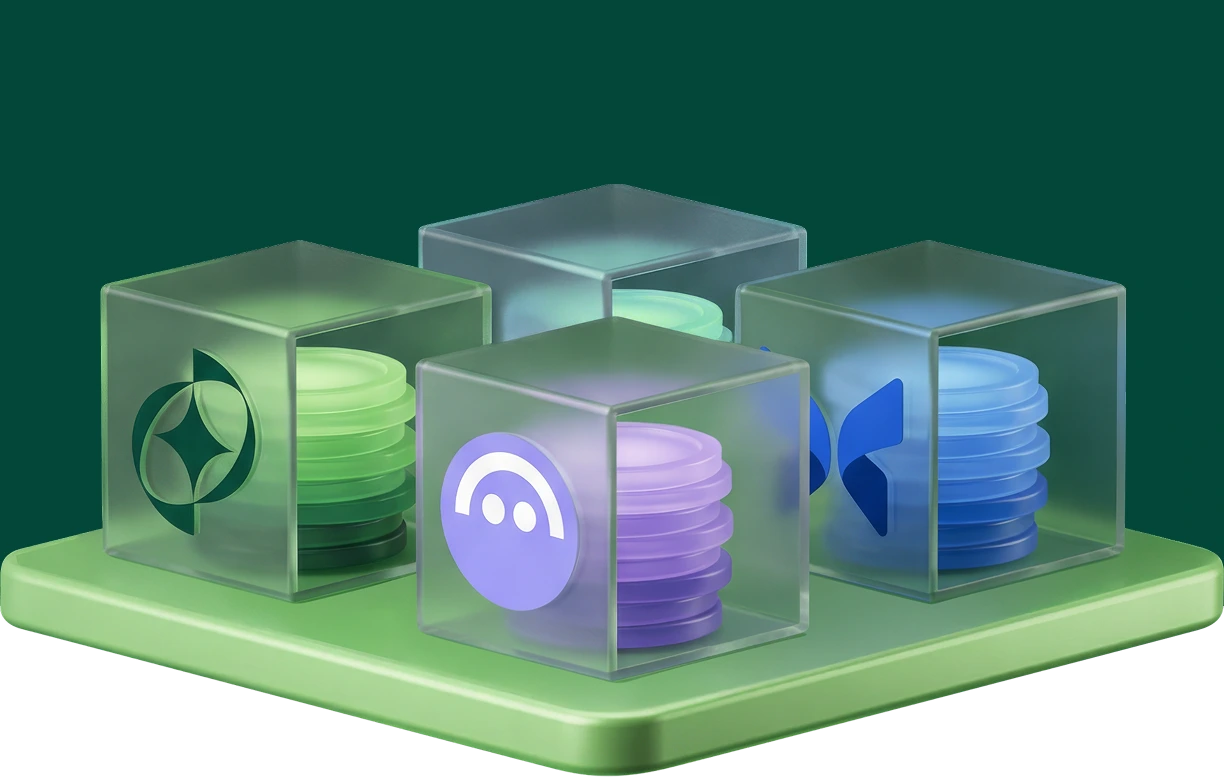 Four translucent cubes with different colored coin stacks inside, placed on a green platform against a dark background.