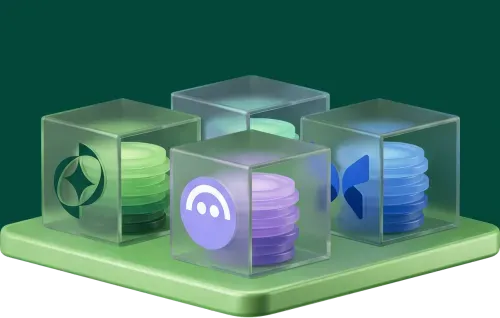 Four translucent cubes with different colored coin stacks inside, placed on a green platform against a dark background.