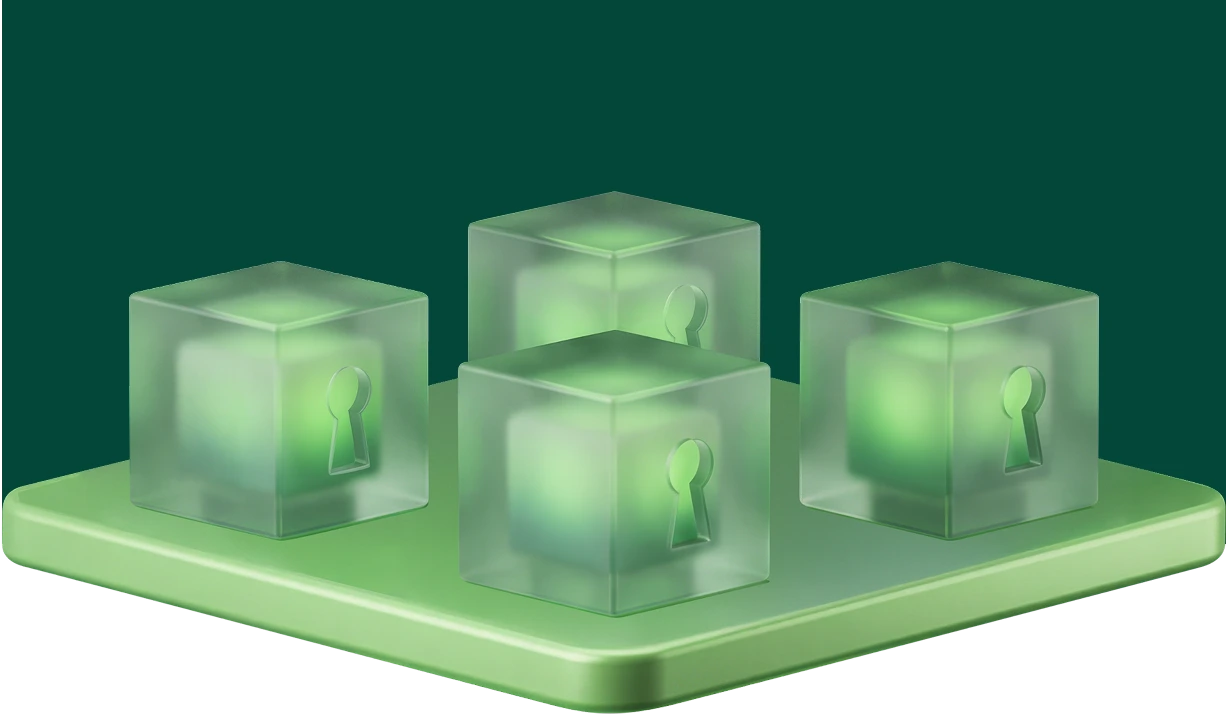 Four translucent green cubes with keyhole shapes inside, arranged on a green platform.