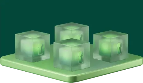 Four translucent green cubes with keyhole shapes inside, arranged on a green platform.