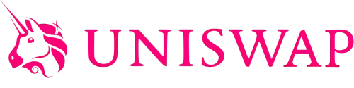 Uniswap brand name with unicorn head logo in pink.