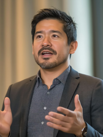 Man with short black hair and mustache speaking and gesturing with hands, wearing a dark blazer and blue patterned shirt.
