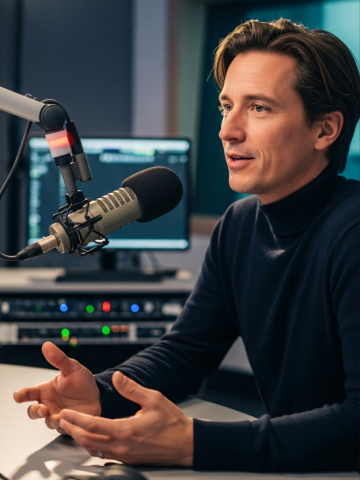 Man in a dark turtleneck speaking into a microphone in a radio broadcasting studio.