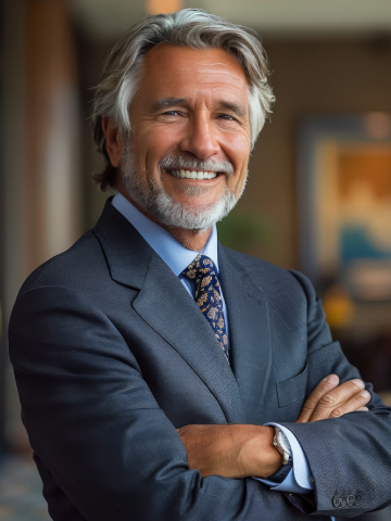 Smiling middle-aged man with gray hair and beard wearing a dark suit and patterned tie with arms crossed.