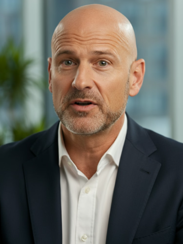 Bald man with light beard wearing a white shirt and dark blazer in an office setting.