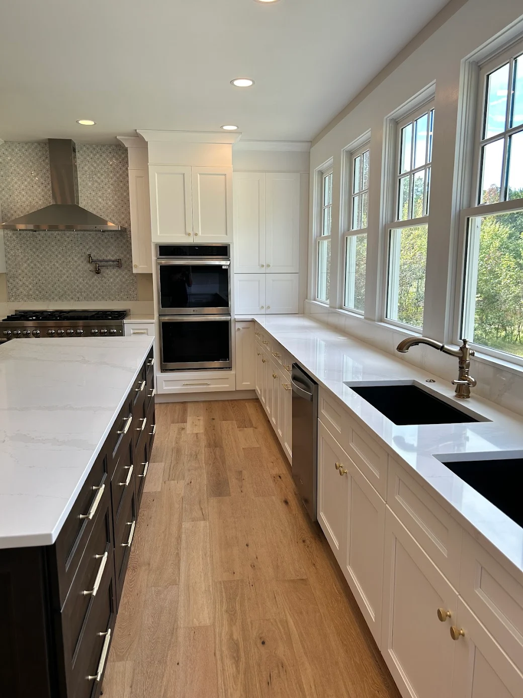 Lost Valley kitchen windows, counters, and cabinetry