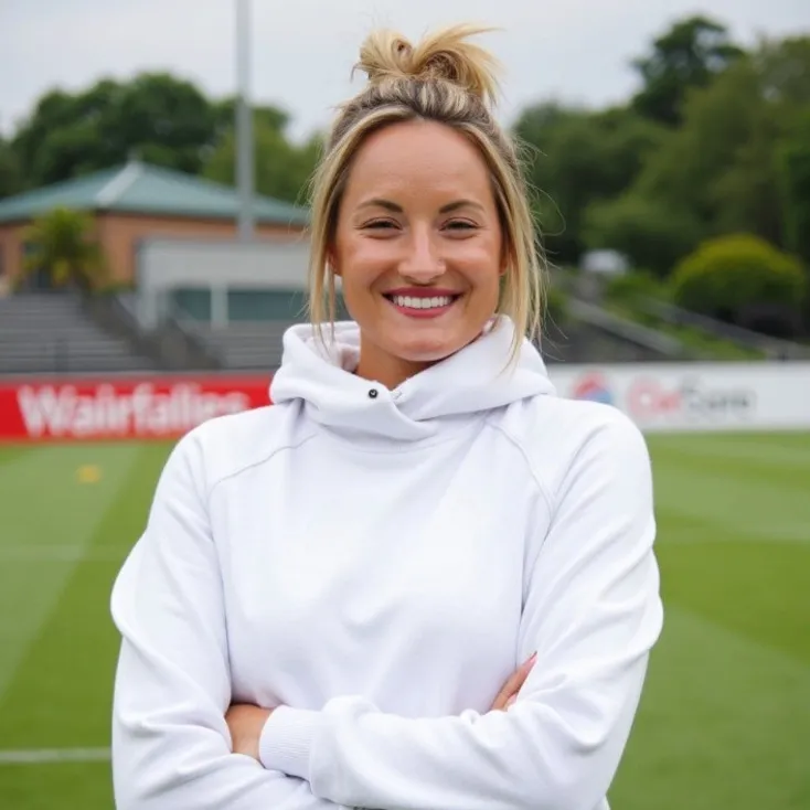 A photo of Dr. Tess Kilwein, PhD, she is a smiling woman with blonde hair in a white hoodie standing on a sports field with blurred background.
