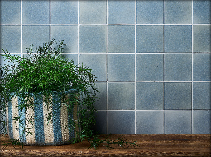 A blue Eralith-tiled wall with a striped plant pot and spider plant in front.