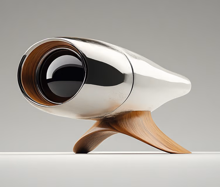 Elegante, silberne, fischartige Skulptur mit einer großen, dunklen, kreisförmigen Öffnung, warmen Holzflossen und einer stromlinienförmigen, futuristischen Form auf einer weißen Oberfläche.