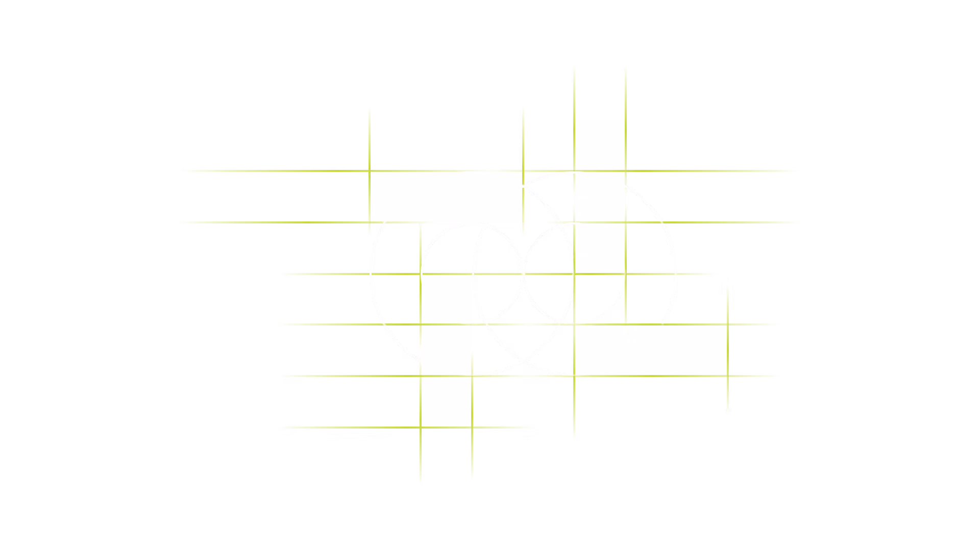 Abstraktes geometrisches Logo auf schwarzem Hintergrund mit sich überlappenden, halbtransparenten grauen Kreisen und Rechtecken, die von dünnen gelb-grünen Rasterlinien durchzogen werden.