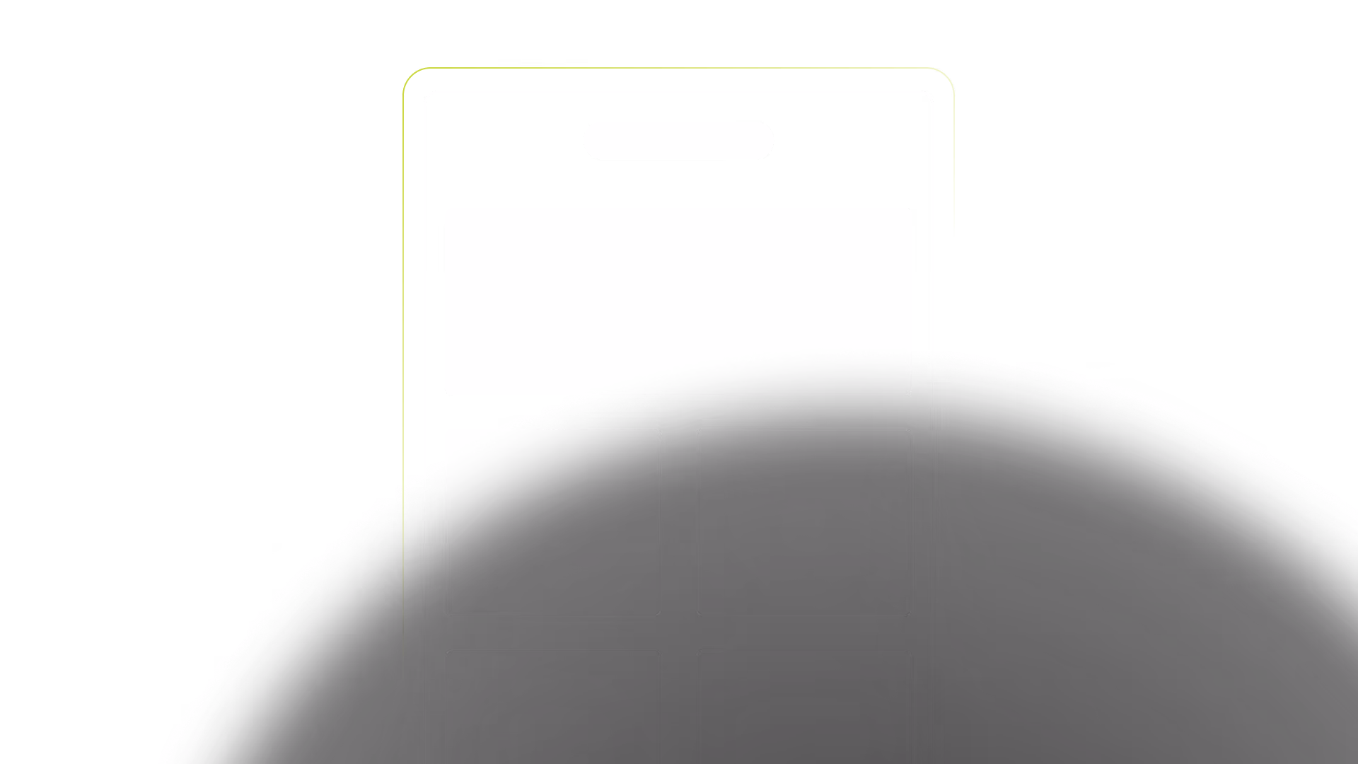 Dunkles, minimalistisches Smartphone-Wireframe auf schwarzem Hintergrund, mit Lautsprecherschlitz, großem Bildschirm und vier App-Kacheln in einem dezenten, kontrastarmen Layout.
