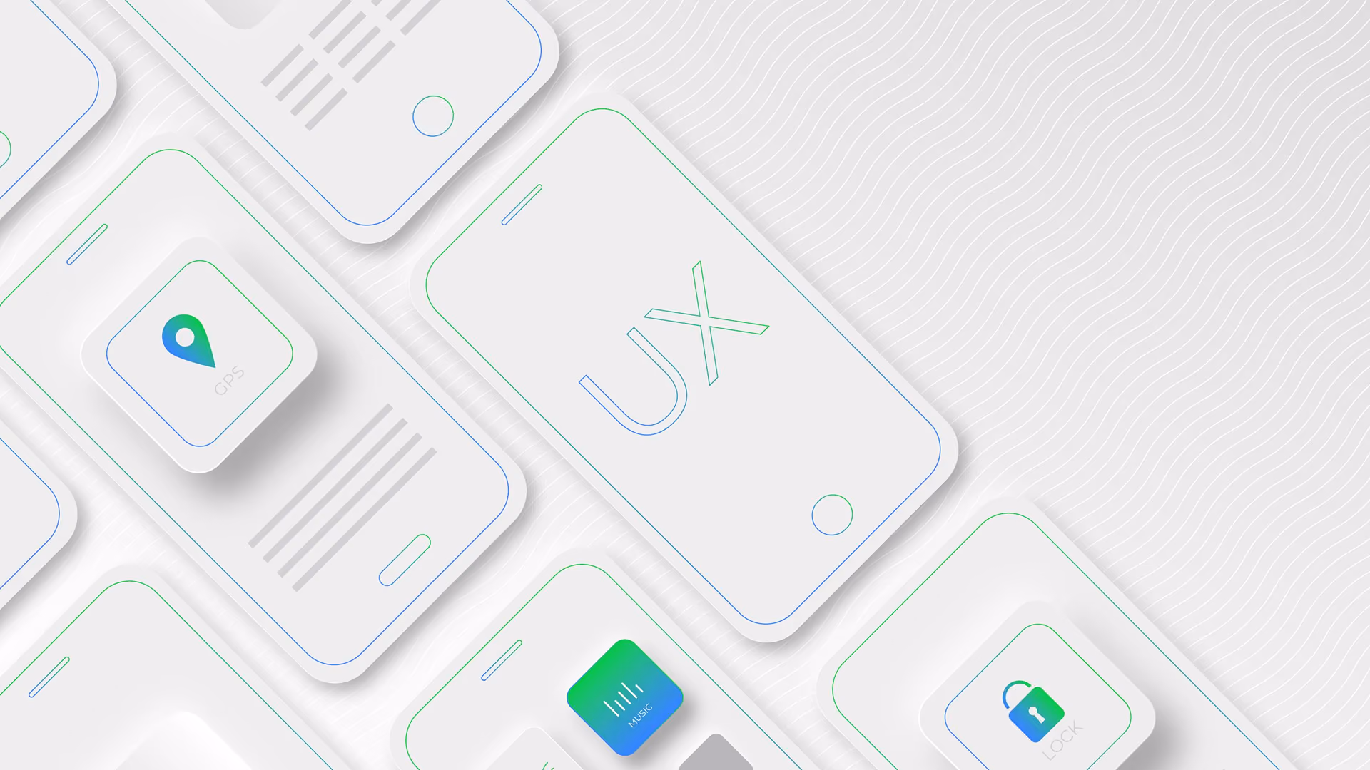 Minimalistische 3D-Illustration weißer, abgerundeter Kacheln vor einem sanften Hintergrund, mit dem Schriftzug „UX“ und farbenfrohen, grün-blauen App-Symbolen.