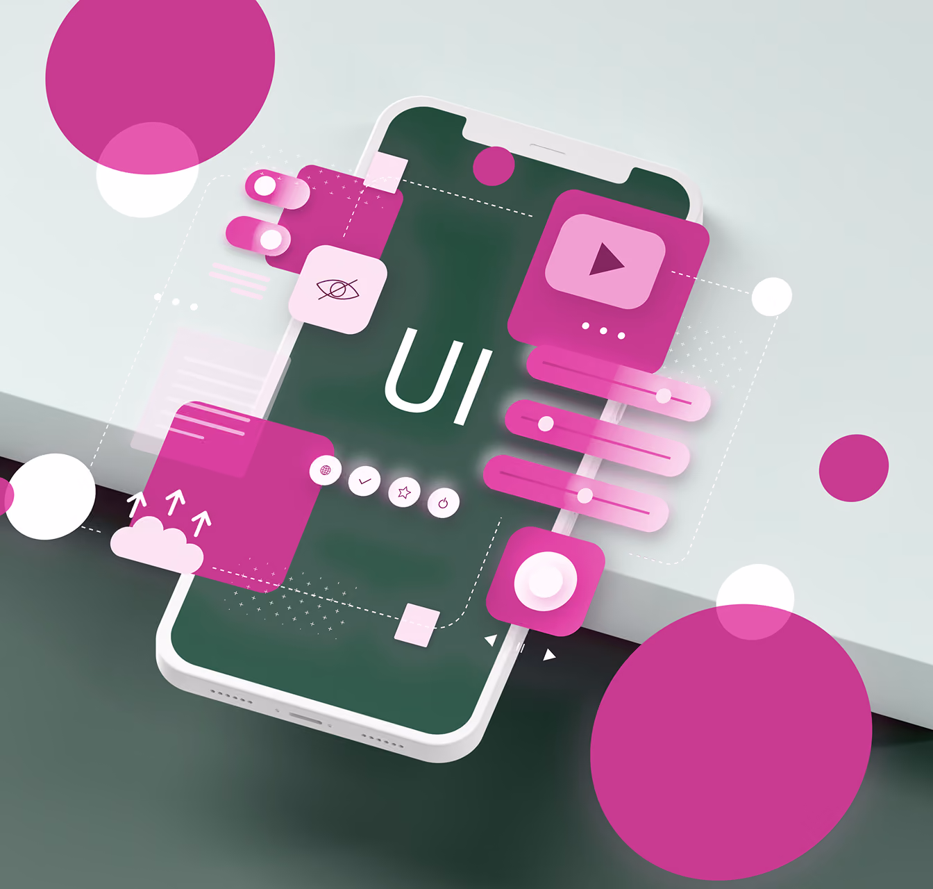 Isometrisches Smartphone-UI-Design mit magentafarbenen Symbolen für Wiedergabe, Einstellungen, Umschalter und Cloud auf grünem Hintergrund; verspielte, moderne digitale Benutzeroberfläche.