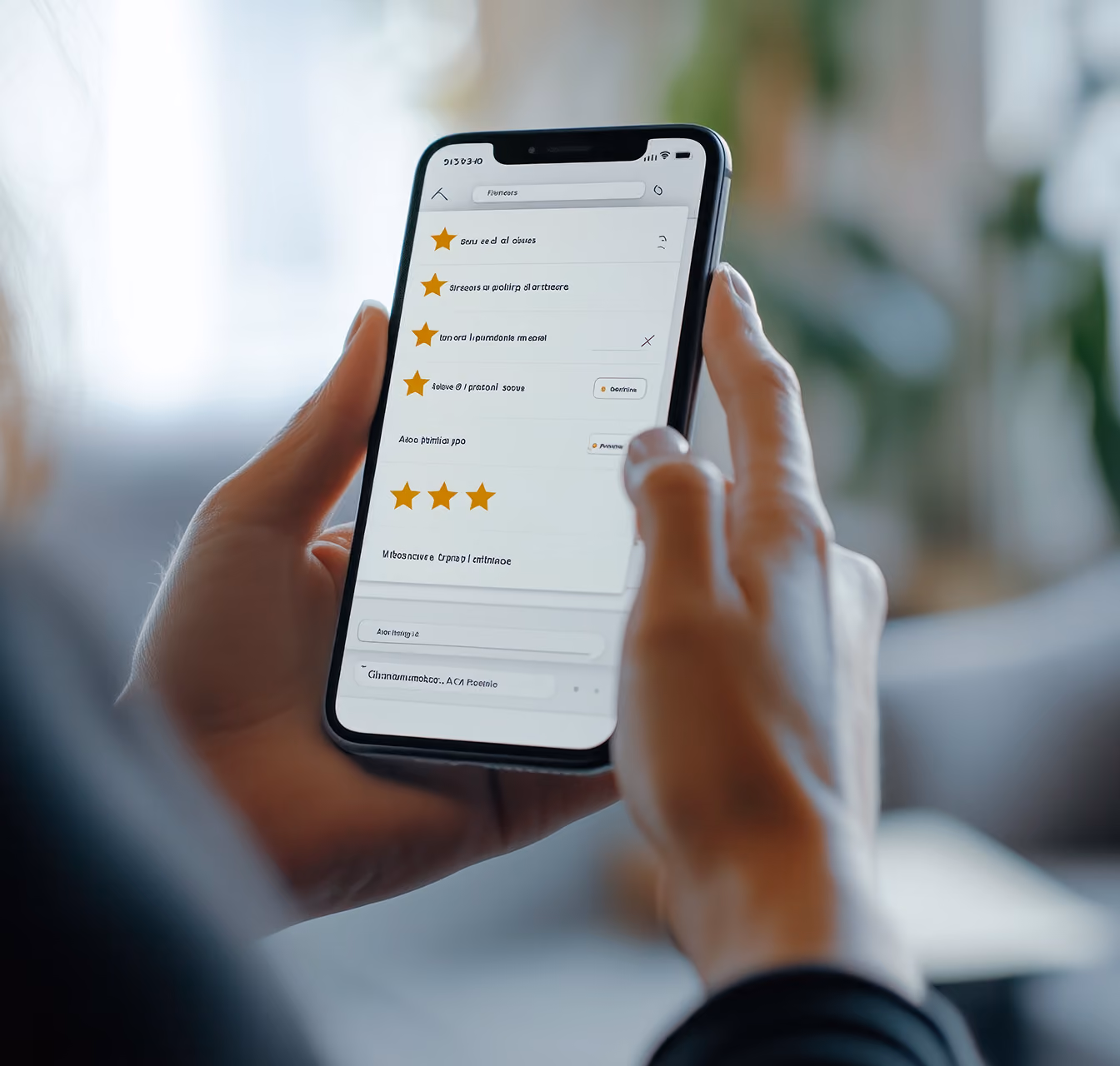 Hände halten ein Smartphone, auf dem eine Bewertungs-App mit goldenen Sternen zu sehen ist; der sanft unscharfe Hintergrund im Innenraum sorgt für eine ruhige Atmosphäre.