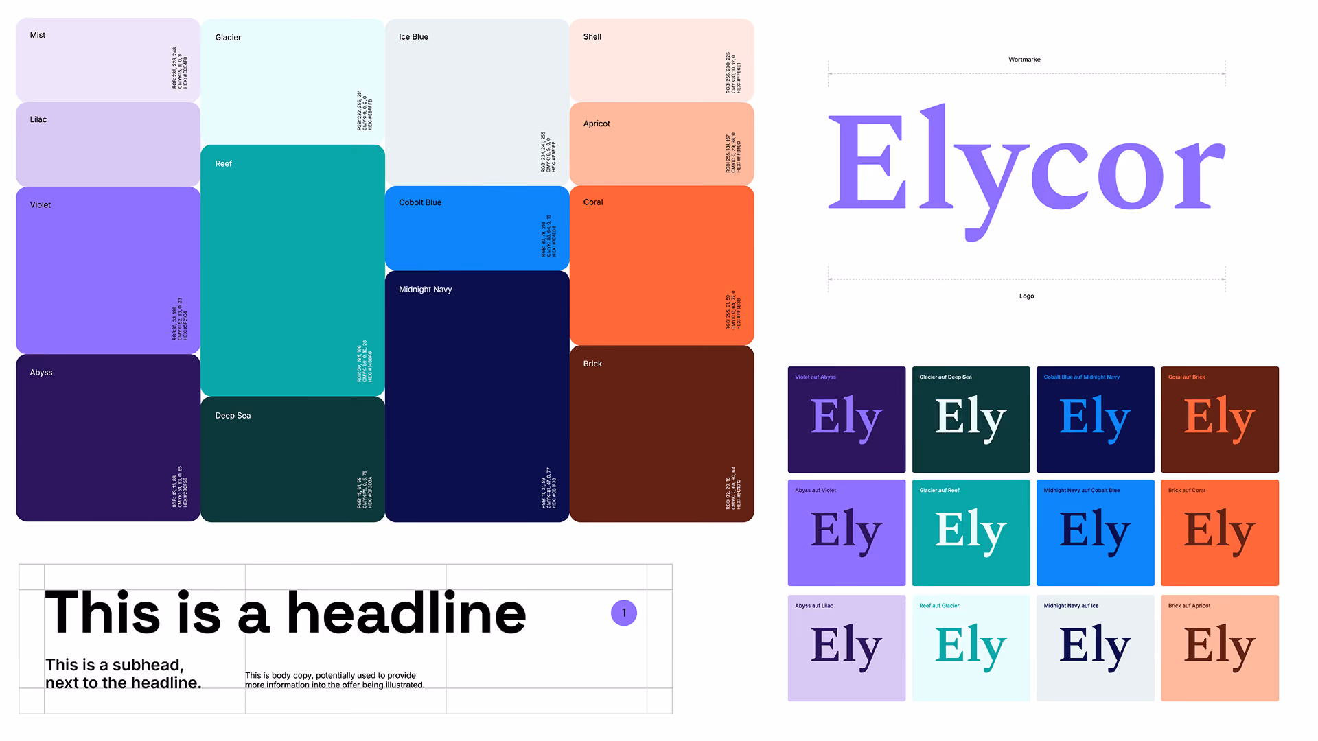 Styleboard der Marke Elycor mit einem violetten Schriftzug mit Serifen, bunten, abgerundeten Farbfeldern, Typografie-Beispielen und einem Layout mit markanter Überschrift.