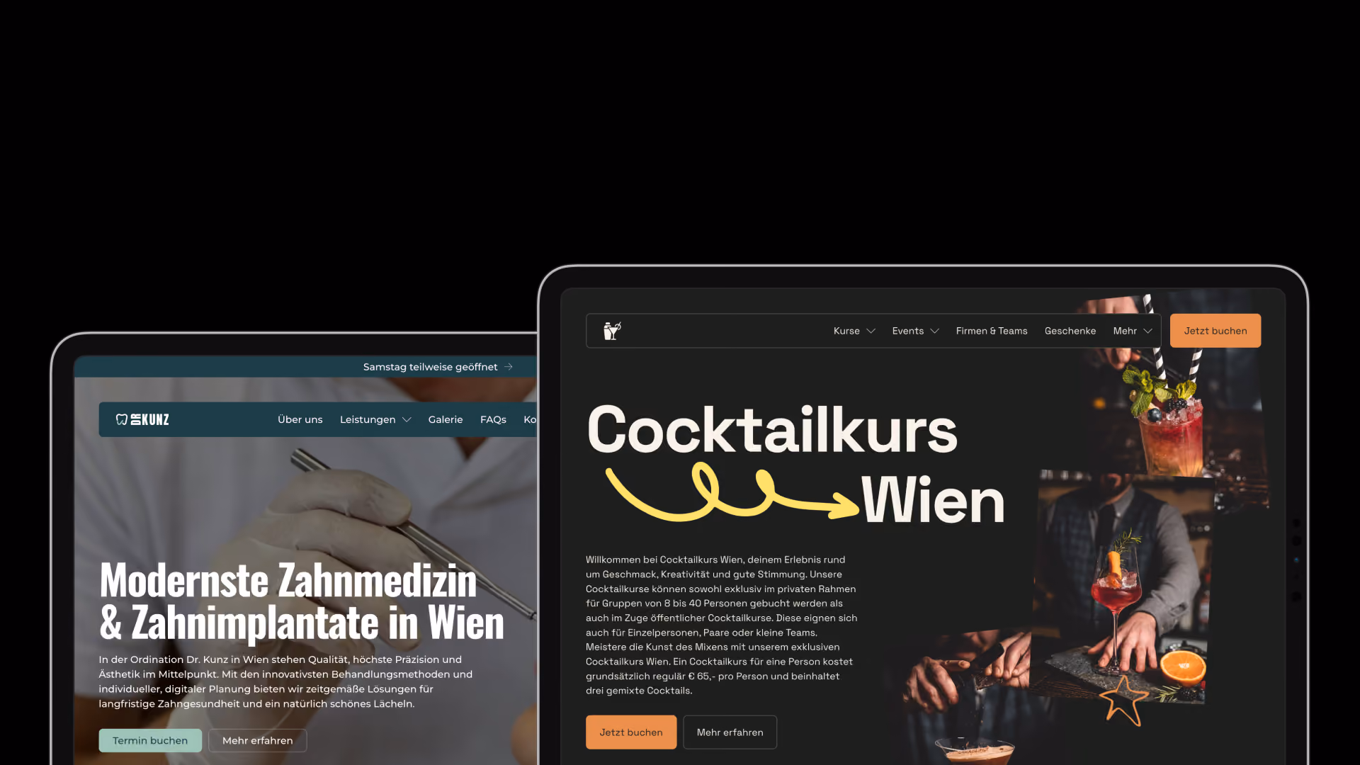 Zwei Bildschirme zeigen deutsche Websites: eine moderne Zahnklinik und einen Cocktailkurs in Wien – beide mit elegantem, dunklem Design und einladenden Bildern.