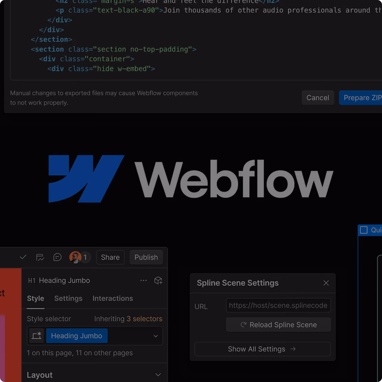 Screenshot der dunklen Webflow-Benutzeroberfläche mit dem Webflow-Logo, dem Dialogfeld zum Exportieren von Code und Design-Panels, der einen technischen Webdesign-Workflow veranschaulicht.