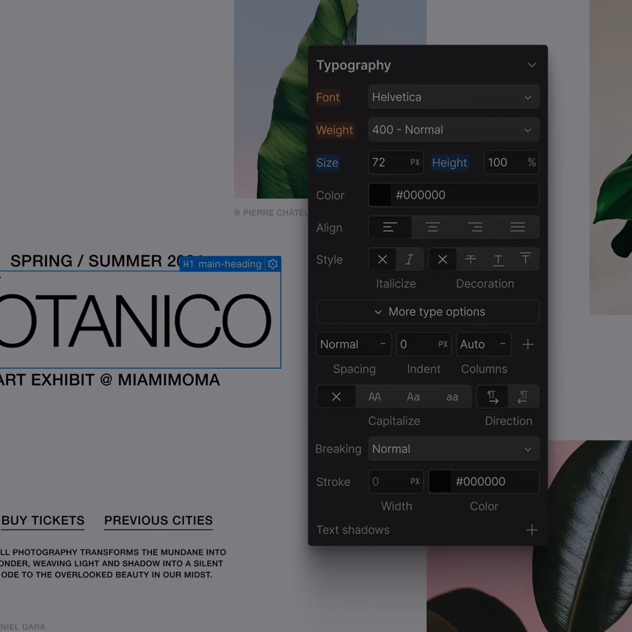 Design-Editor, der ein Plakat für eine botanische Ausstellung mit dem markanten Schriftzug „BOTANICO“ sowie ein geöffnetes Typografie-Bedienfeld für Einstellungen zu Schriftart, Größe, Ausrichtung und Stil anzeigt.