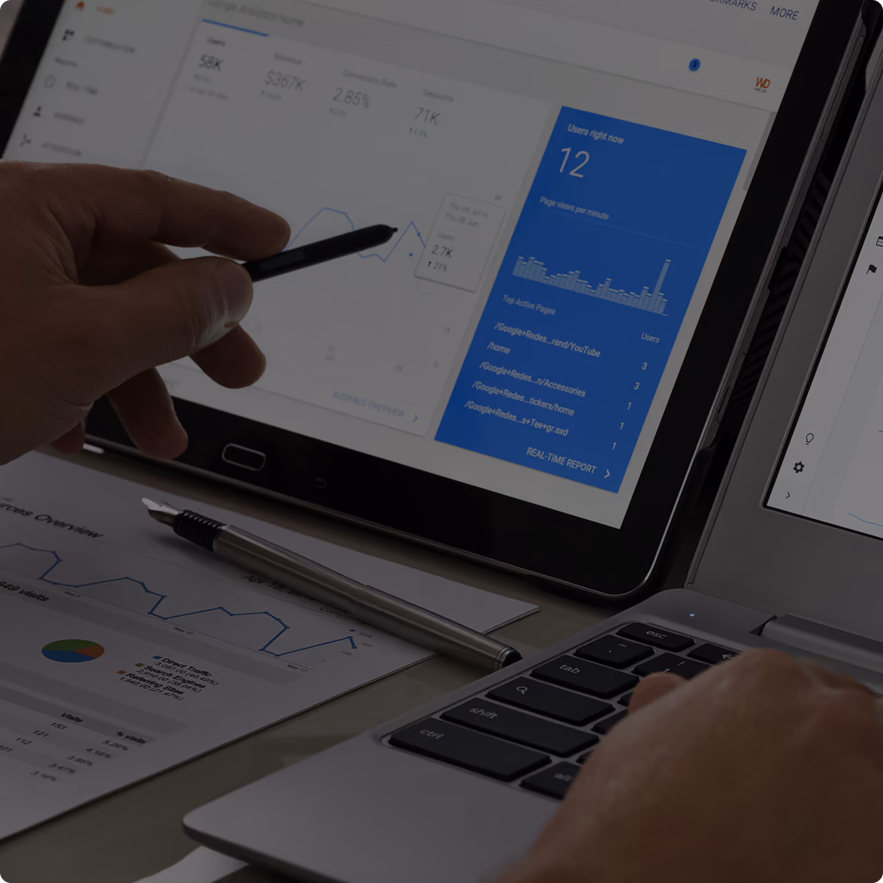 Hände bedienen mit einem Eingabestift ein Tablet, das blaue Analyse-Dashboards und Diagramme anzeigt; daneben liegen ein Laptop und Berichte – eine Szene, die konzentrierte Geschäftsanalyse vermittelt.