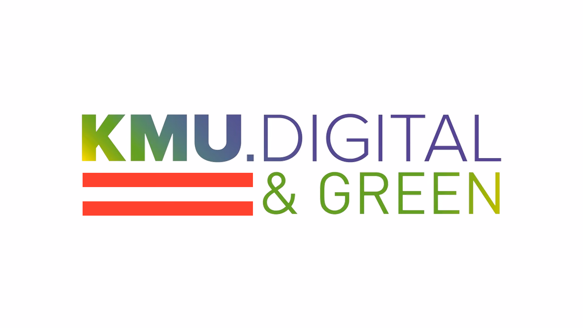 Logo mit der Aufschrift „KMU.DIGITAL & GREEN“ in grüner, blauer und gelber Schrift sowie zwei roten horizontalen Balken, das digitale Innovation und Nachhaltigkeit vermittelt.