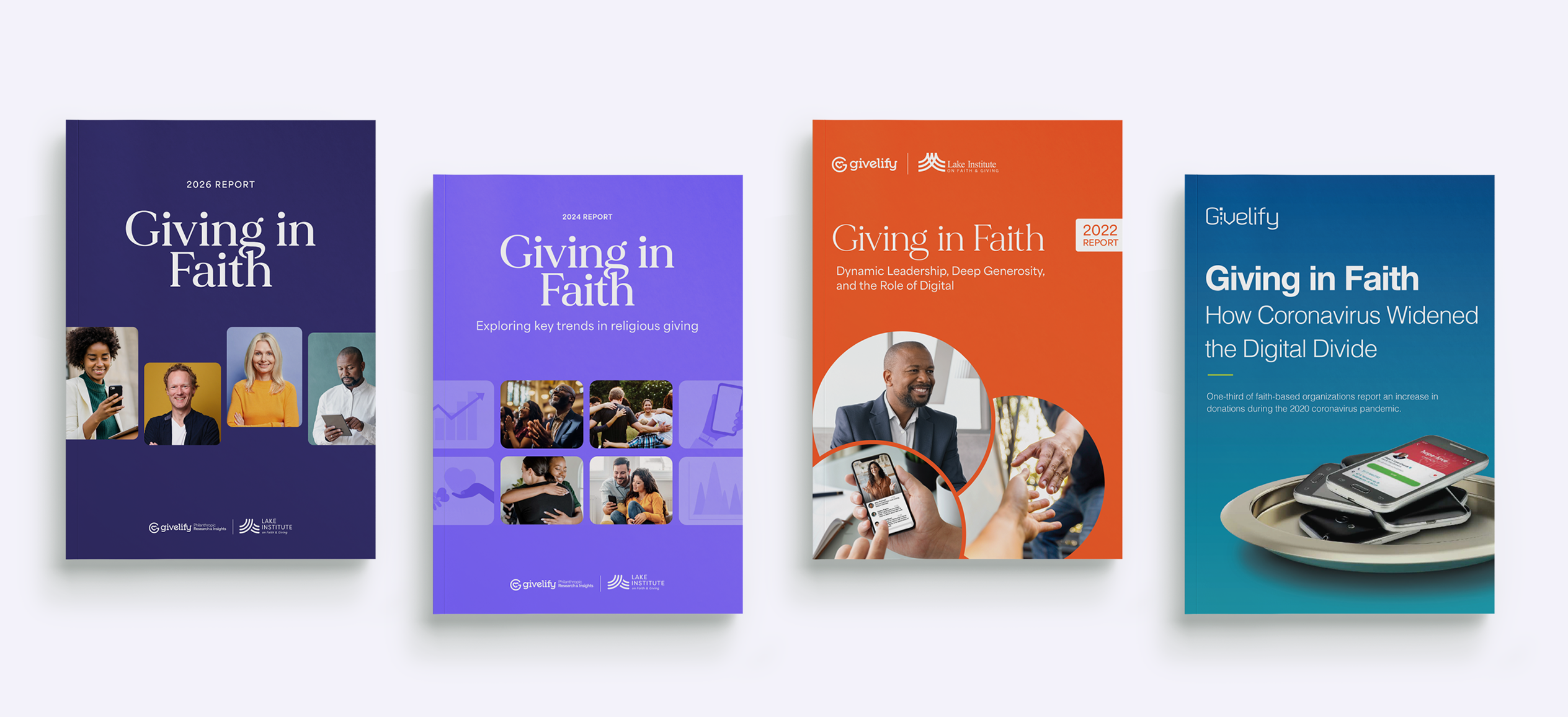 Four Giving in Faith report covers from the 2020 to 2026 editions focused on church giving statistics and trends.