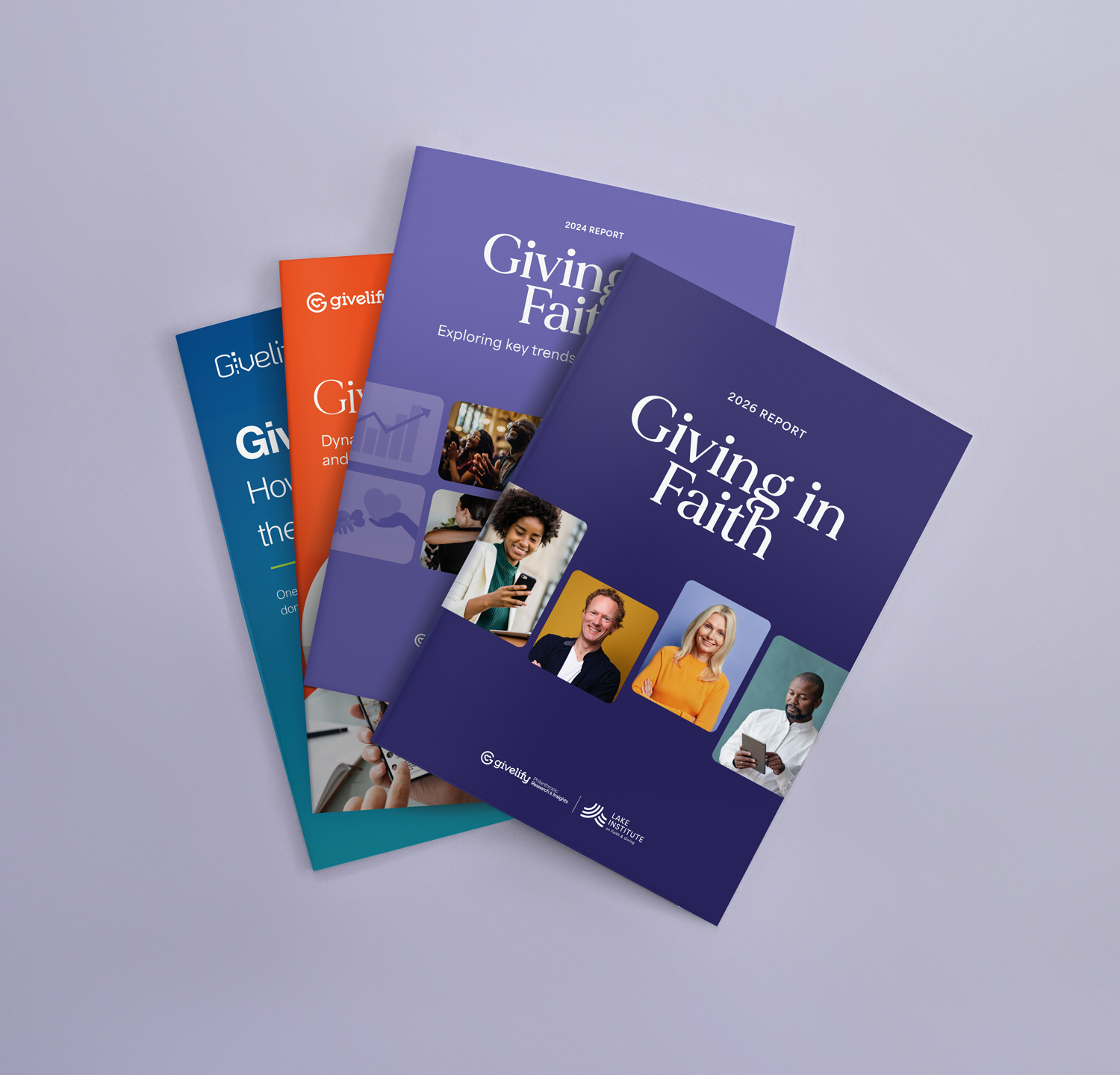 Stack of four Giving in Faith reports from 2020 to 2026 with diverse people on covers.