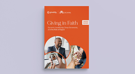 2022 Giving in Faith report titled Dynamic Leadership, Deep Generosity, and the Role of Digital with photos of a church leader, a mobile phone, people shaking hands, and logos of Givelify and Lake Institute on Faith & Giving.