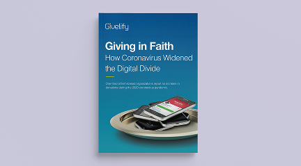 2020 Giving in Faith report titled How Coronavirus Widened the Digital Divide with a photo of smartphones stacked on an offering plate.