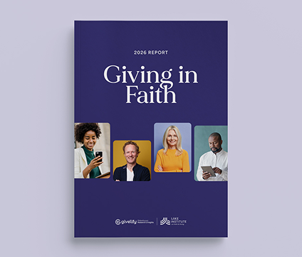 2026 Giving in Faith report titled Rethinking Generosity Through Consistent Giving with photos of diverse church leaders and donors and logos of Givelify and Lake Institute on Faith & Giving.