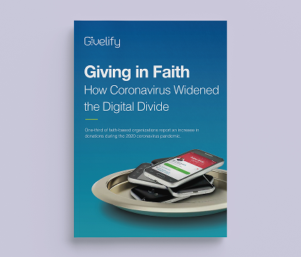 2020 Giving in Faith report titled How Coronavirus Widened the Digital Divide with a photo of smartphones stacked on an offering plate.