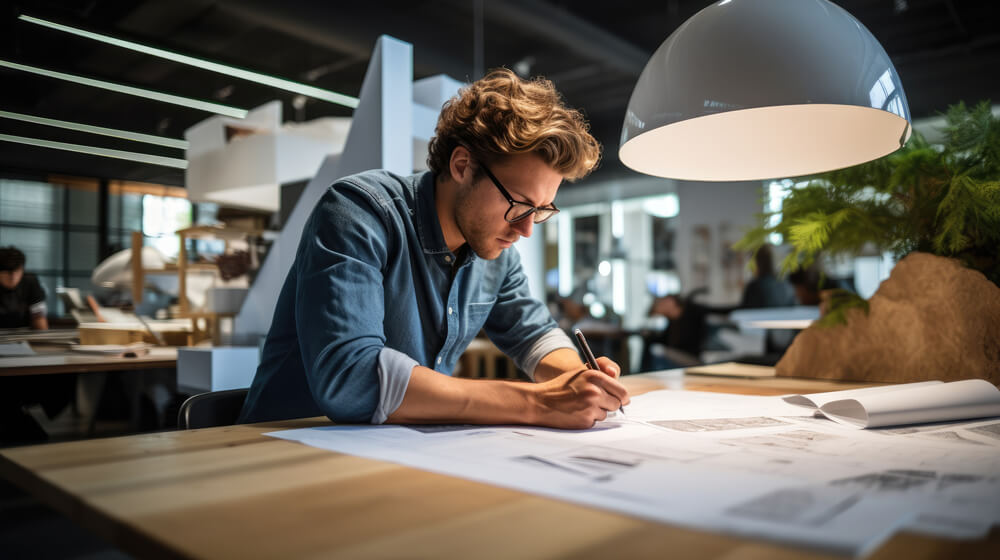 A man working at a desk in an office.
