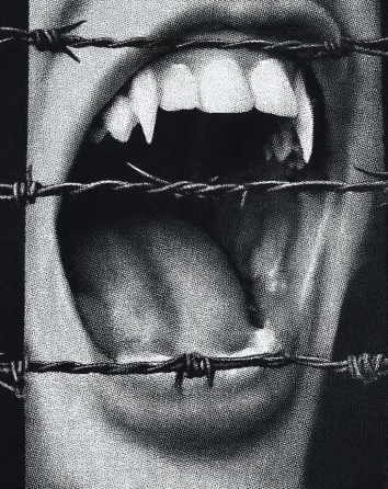 Black and white close-up of an open mouth with sharp fangs behind barbed wire.