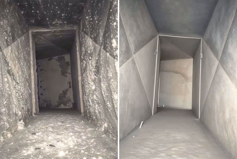 Side-by-side view of an air duct before and after cleaning, showing heavy dust and debris buildup on the left and a clean, smooth interior on the right.