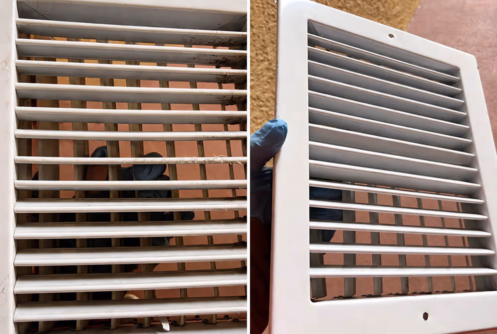 Side-by-side comparison of a backyard showing before and after stone patio installation behind a two-story house with wooden steps and a screened porch.