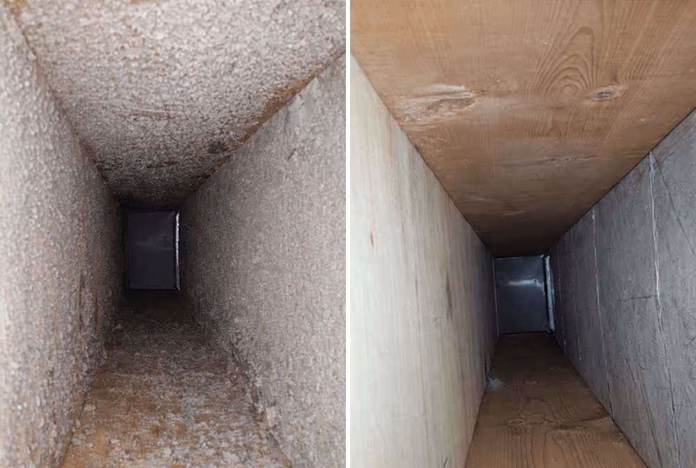 Side-by-side comparison of a backyard showing before and after stone patio installation behind a two-story house with wooden steps and a screened porch.