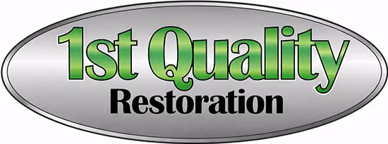 Silver oval logo with green gradient text '1st Quality' above black text 'Restoration'.
