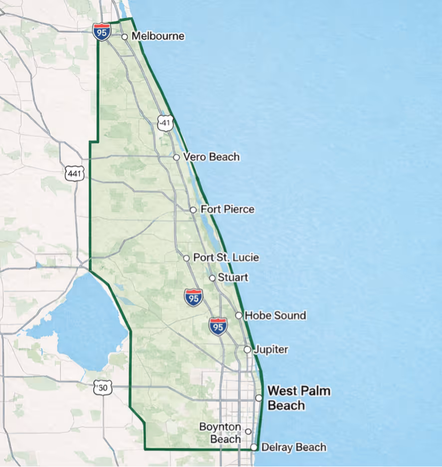 Map of Florida's east coast service area from Melbourne to Delray Beach including cities like Vero Beach, Fort Pierce, Stuart, Jupiter, and West Palm Beach.