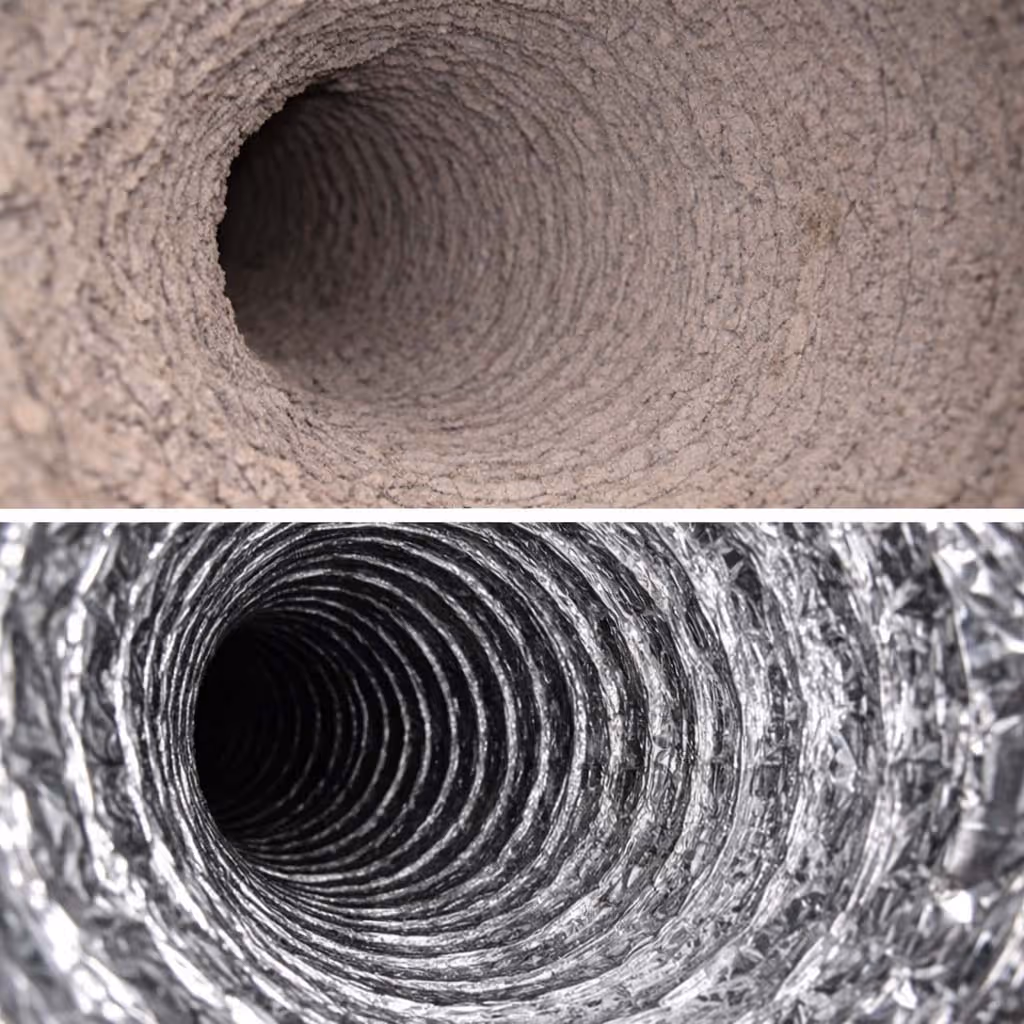 Comparison of inside of air ducts showing a dirty, dust-covered duct above and a clean, shiny metallic duct below.